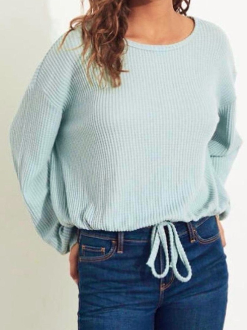 HOLLISTER Light Blue Scoop Neck Waffle Knit Tie Waist Top Size Small